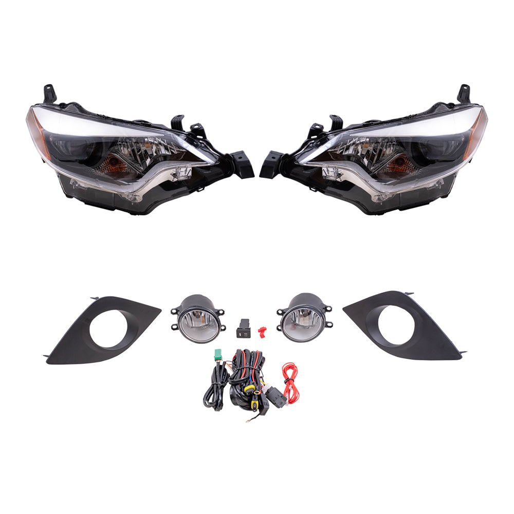 Brock Replacement Driver and Passenger Side Combination Headlight Assemblies and Fog Lights with Clear Lens, Bulb, Bezels, Wiring and Switch 4 Piece Set Compatible with 2014-2016 Corolla