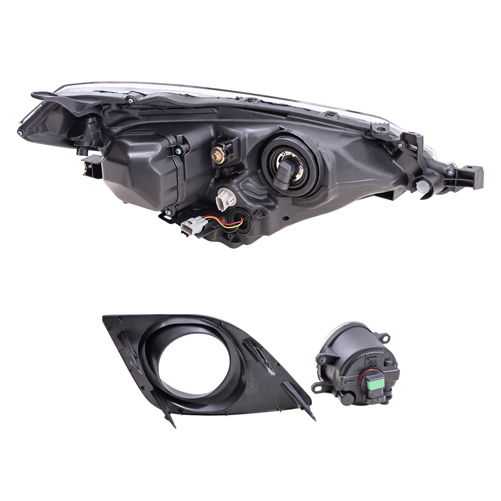 Brock Replacement Driver and Passenger Side Combination Headlight Assemblies and Fog Lights with Clear Lens, Bulb, Bezels, Wiring and Switch 4 Piece Set Compatible with 2014-2016 Corolla