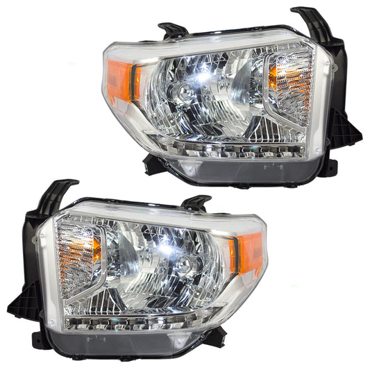 Brock Replacement Pair Set Halogen Combination Headlights Headlamp w/ Chrome Bezel Compatible with 14-17 Tundra w/ Power Leveling 81110-0C091