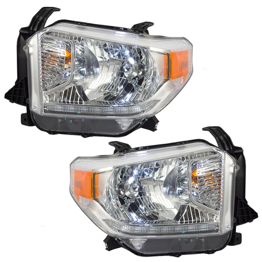 Brock Replacement for Pair Set Halogen Combination Headlights Headlamp w/ Chrome Bezel Compatible with 14-17 Tundra w/ Power Leveling & LED DRL 811500C101 811100C101