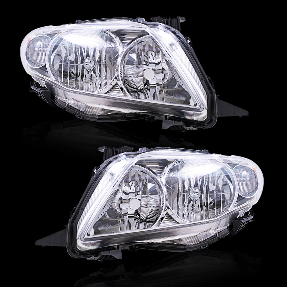 Brock Replacement Driver and Passenger Side Halogen Combination Headlight Assembly with Chrome Bezel Set Compatible with 09-10 Corolla NORTH AMERICAN BUILT