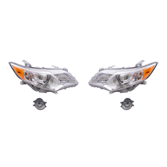 Brock Replacement Driver and Passenger Side Halogen Combination Headlights with Chrome Bezel and Fog Lights 4 Piece Set Compatible with 2012-2014 Camry L/LE/XLE