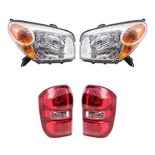 Brock Replacement Driver and Passenger Side Halogen Combination Headlight Units and Tail Light Units 4 Piece Set Comaptible with 2004-2005 Rav4