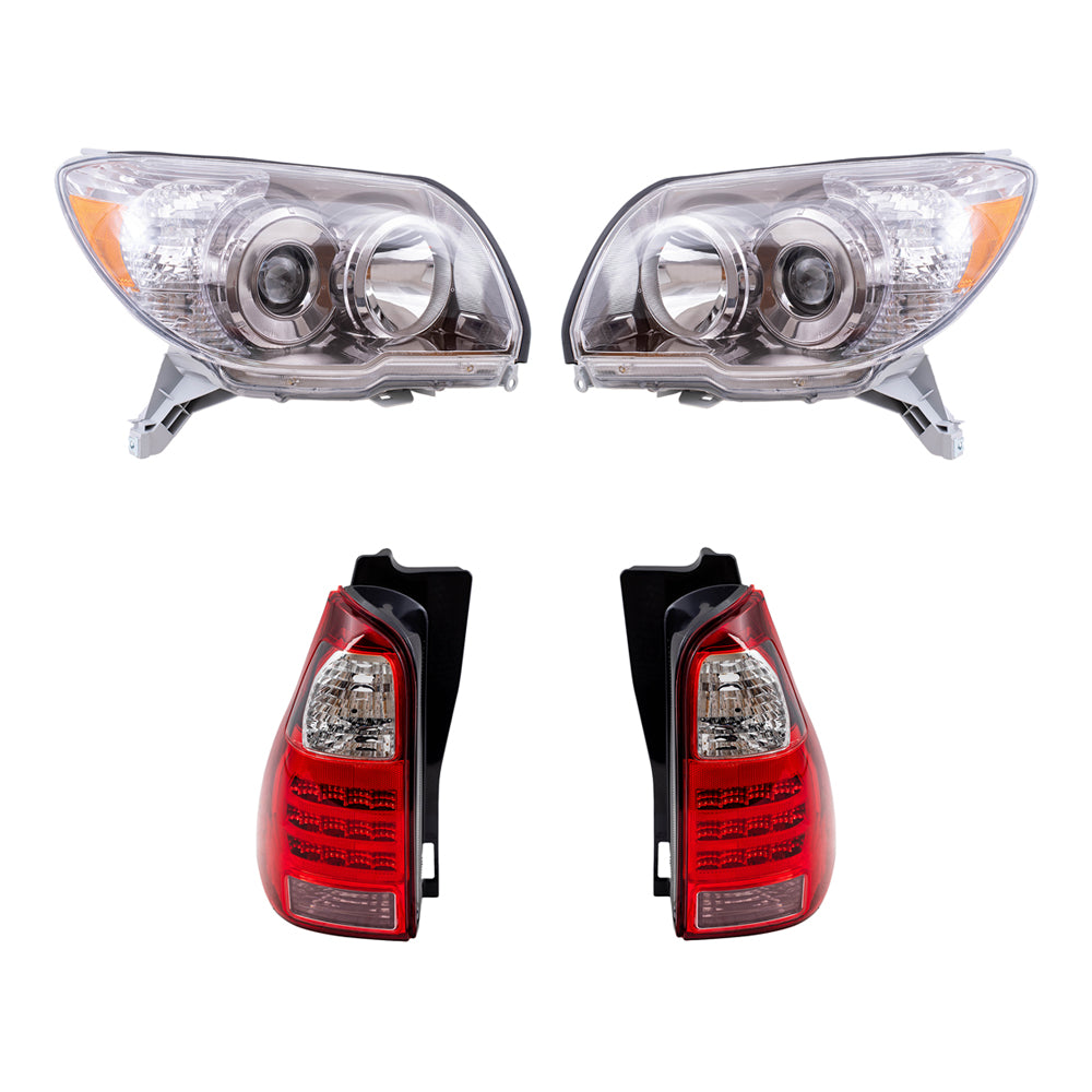 Brock Replacement Driver and Passenger Side Halogen Combination Headlight Units with Chrome Bezel and Tail Light Units 4 Piece Set Comaptible with 2006-2009 4Runner Sport