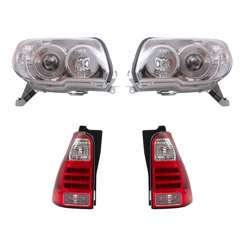 Brock Replacement Driver and Passenger Side Halogen Combination Headlight Units with Chrome Bezel and Tail Light Units 4 Piece Set Comaptible with 2006-2009 4Runner Sport