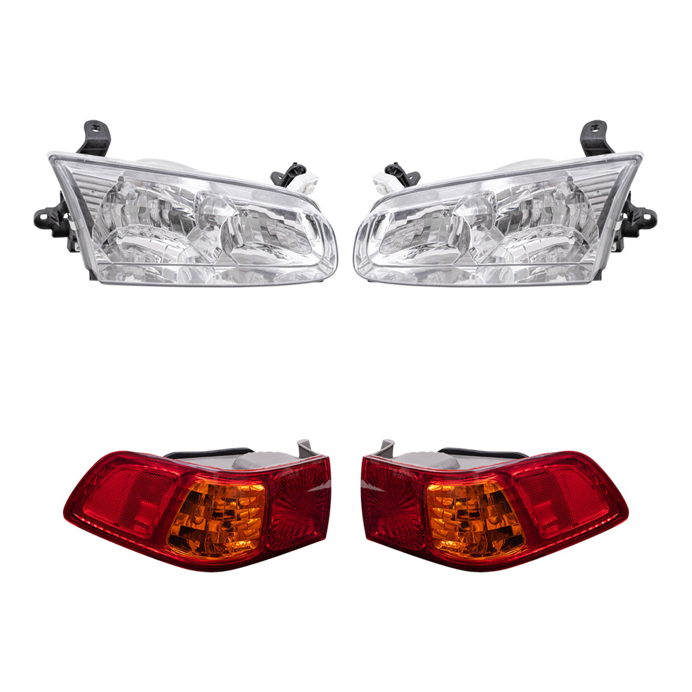 Brock Replacement Driver and Passenger Side Halogen Headlight Assemblies and Tail Light Assemblies 4 Piece Set Compatible with 2000-2001 Toyota Camry