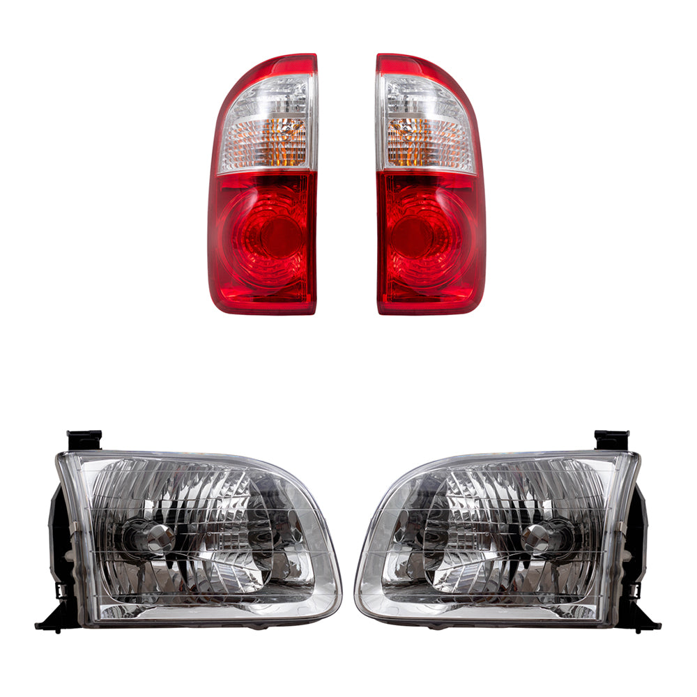 Brock Replacement Driver and Passenger Side Halogen Headlight Assemblies and Tail Light Assemblies 4 Piece Set Compatible with 2004 Tundra Double Cab with Standard Bed
