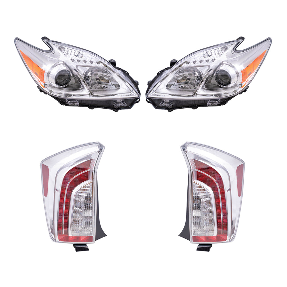 Brock Replacement Driver and Passenger Side Halogen Combination Headlight Assemblies and Tail Light Assemblies 4 Piece Set Compatible with 2012-2015 Prius