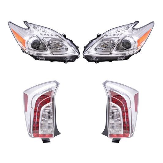 Brock Replacement Driver and Passenger Side Halogen Combination Headlight Assemblies and Tail Light Assemblies 4 Piece Set Compatible with 2012-2015 Prius