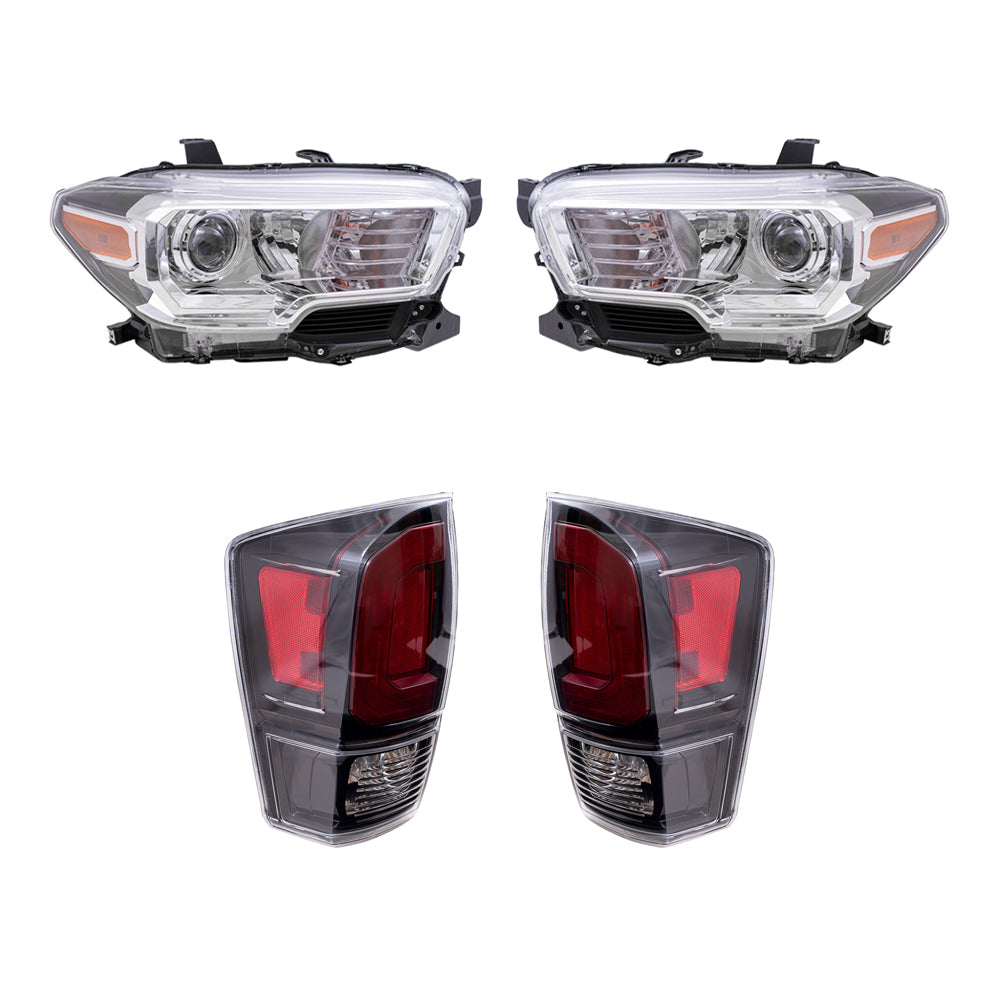 Brock Replacement Driver and Passenger Side Headlights with Fog Lights without LED Daytime Running Lights and Tail Lights with Black Bezel 4 Piece Set Compatible with 2020-2023 Tacoma