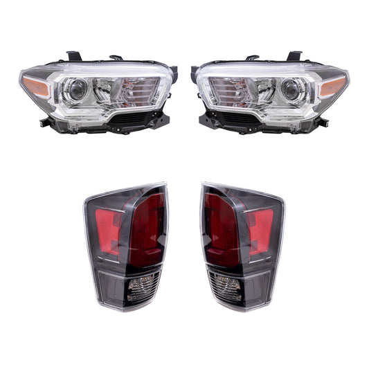 Brock Replacement Driver and Passenger Side Headlights with Fog Lights without LED Daytime Running Lights and Tail Lights with Black Bezel 4 Piece Set Compatible with 2020-2023 Tacoma