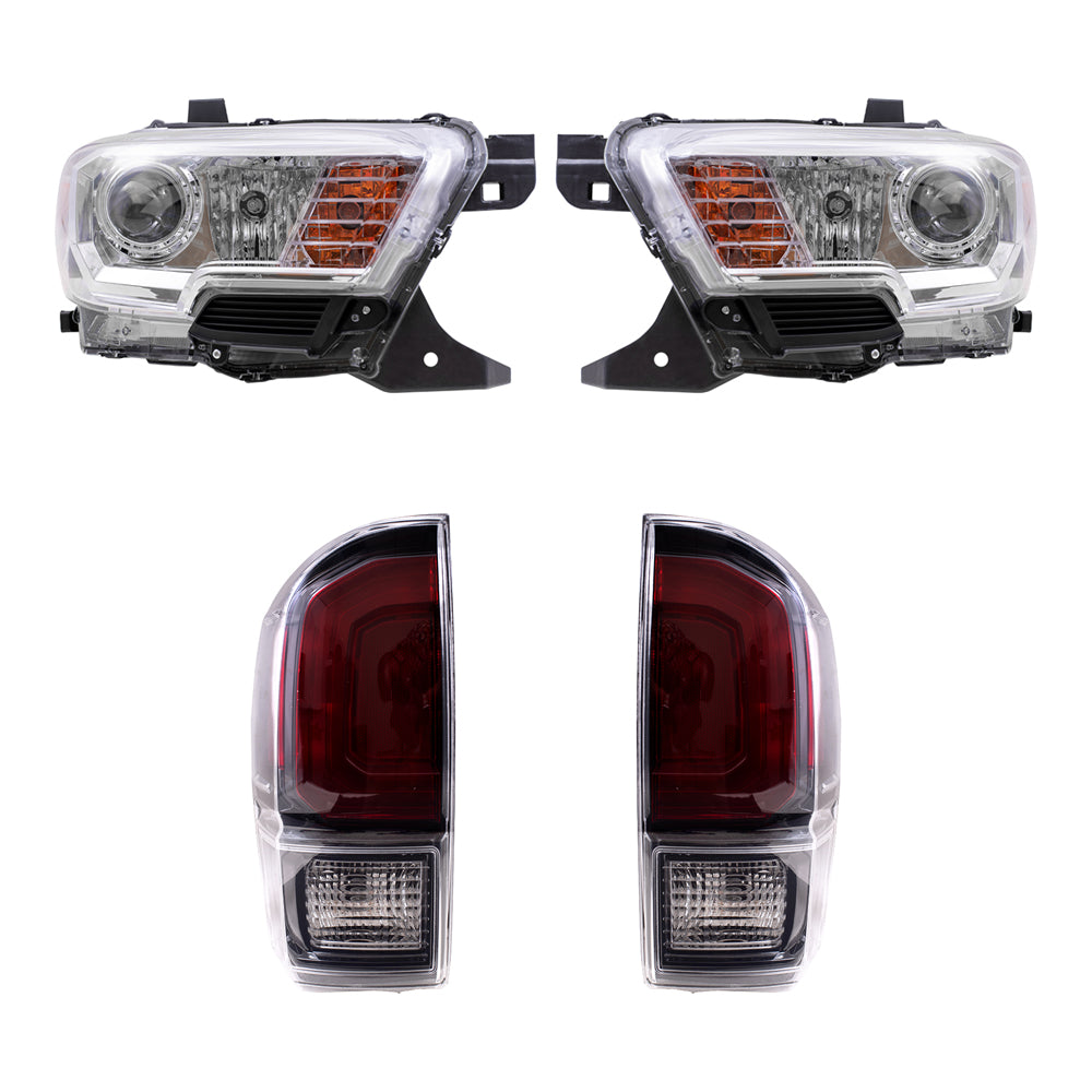 Brock Replacement Driver and Passenger Side Headlights with Fog Lights without LED Daytime Running Lights and Tail Lights with Black Bezel 4 Piece Set Compatible with 2020-2023 Tacoma