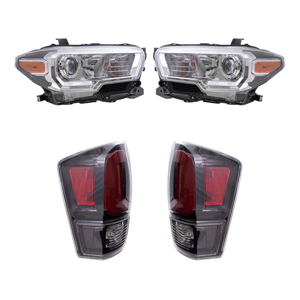 Brock Replacement Driver and Passenger Side Headlights with Fog Lights without LED Daytime Running Lights and Tail Lights with Black Bezel 4 Piece Set Compatible with 2020-2023 Tacoma