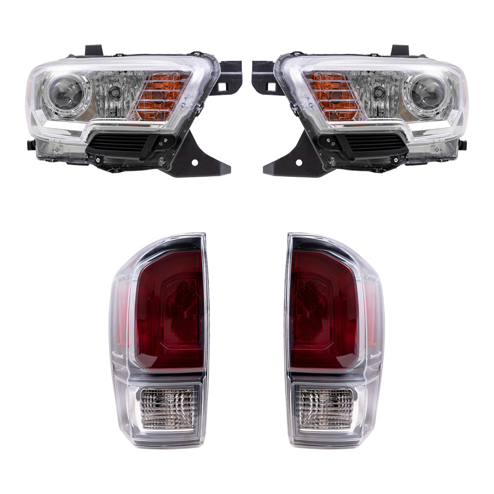 Brock Replacement Driver and Passenger Side Headlights with Fog Lights and Tail Lights without Black Bezel 4 Piece Set Compatible with 2020-2023 Tacoma TRD
