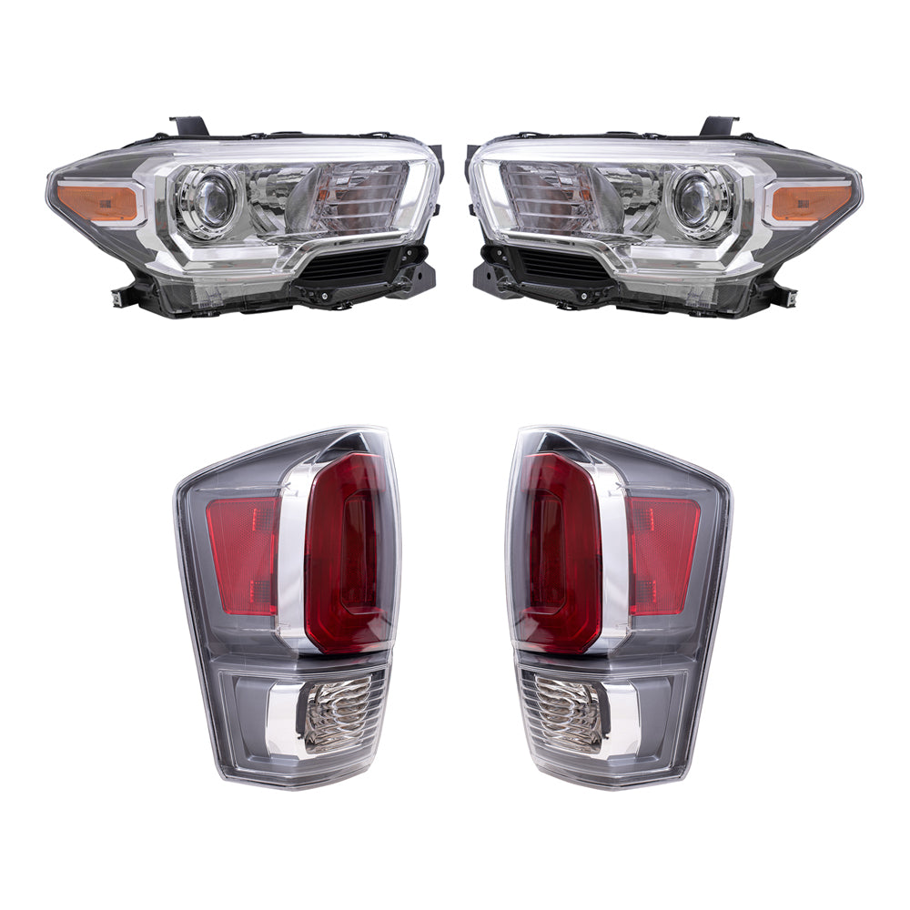 Brock Replacement Driver and Passenger Side Headlights with Fog Lights and Tail Lights without Black Bezel 4 Piece Set Compatible with 2020-2023 Tacoma TRD