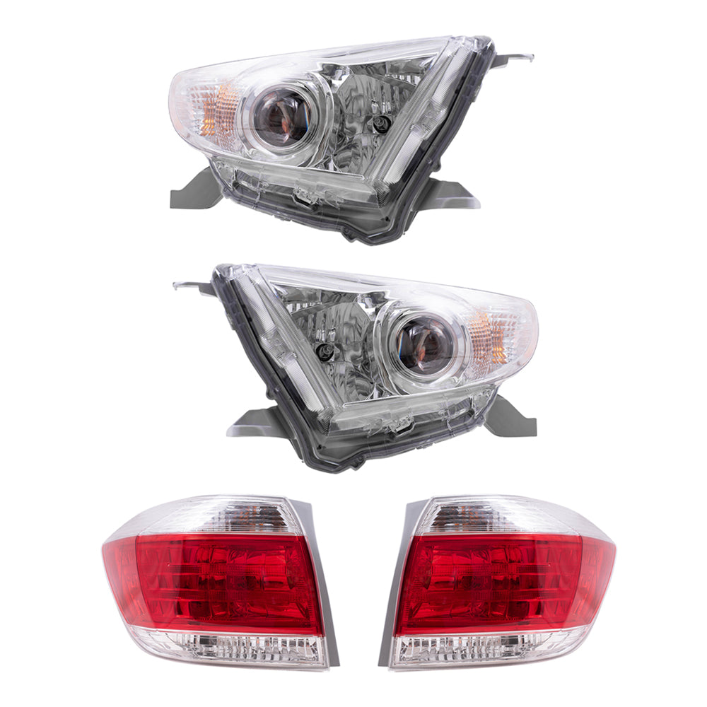 Brock Replacement Driver and Passenger Side Halogen Combination Headlight and Tail Light Assemblies 4 Piece Set Compatible with 2011-2013 Highlander