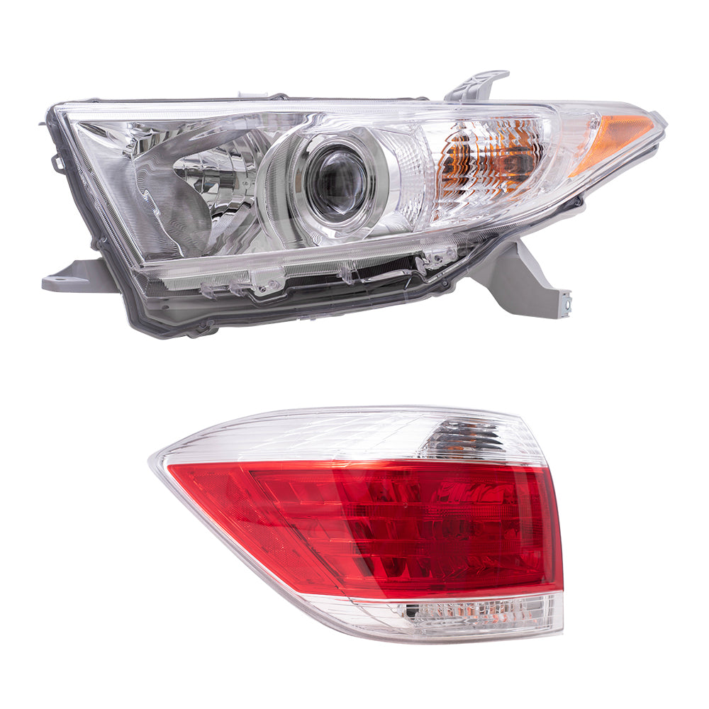 Brock Replacement Driver and Passenger Side Halogen Combination Headlight and Tail Light Assemblies 4 Piece Set Compatible with 2011-2013 Highlander