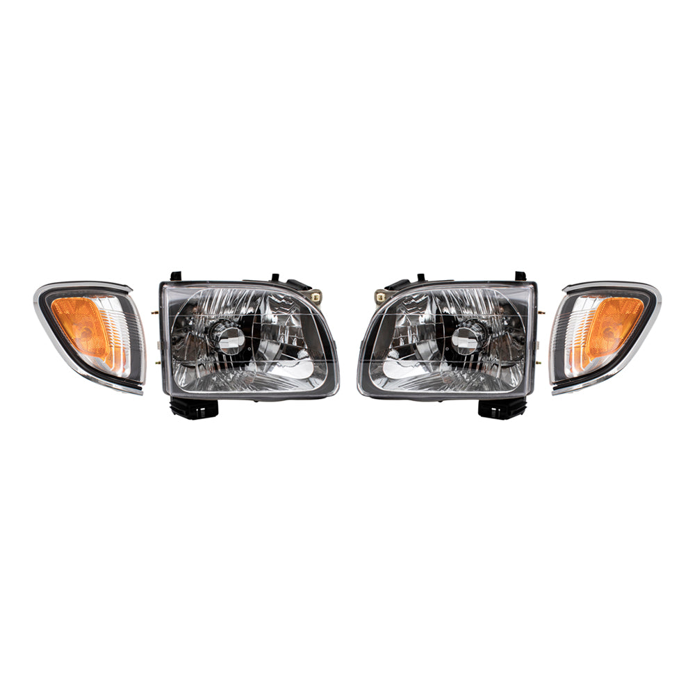 Brock Replacement 4 Piece Set Halogen Headlights w/ Park Signal Corner Marker Lamps w/ Chrome Bezels Compatible with 01-04 Tacoma Pickup Truck