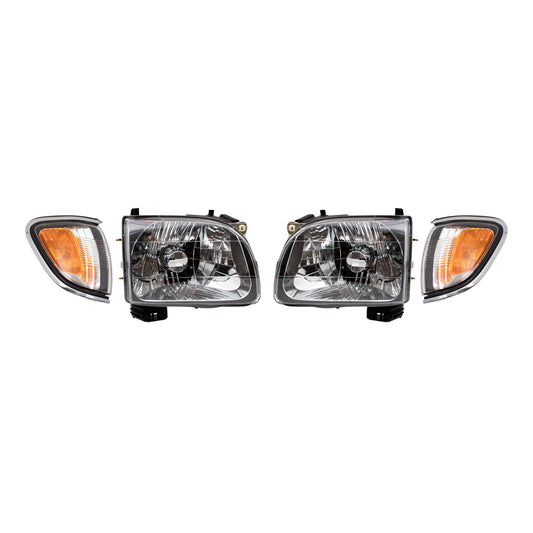 Brock Replacement 4 Piece Set Halogen Headlights w/ Park Signal Corner Marker Lamps w/ Chrome Bezels Compatible with 01-04 Tacoma Pickup Truck