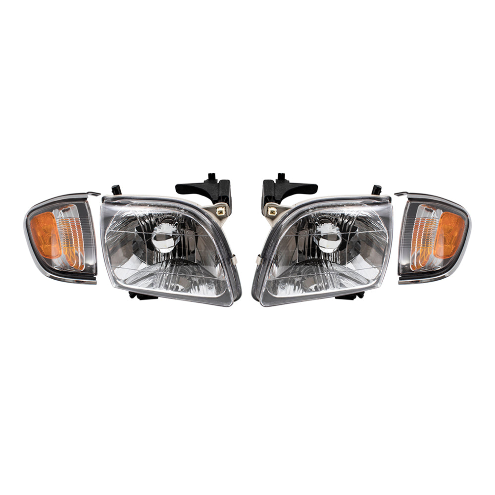 Brock Replacement 4 Piece Set Halogen Headlights w/ Park Signal Corner Marker Lamps w/ Chrome Bezels Compatible with 01-04 Tacoma Pickup Truck