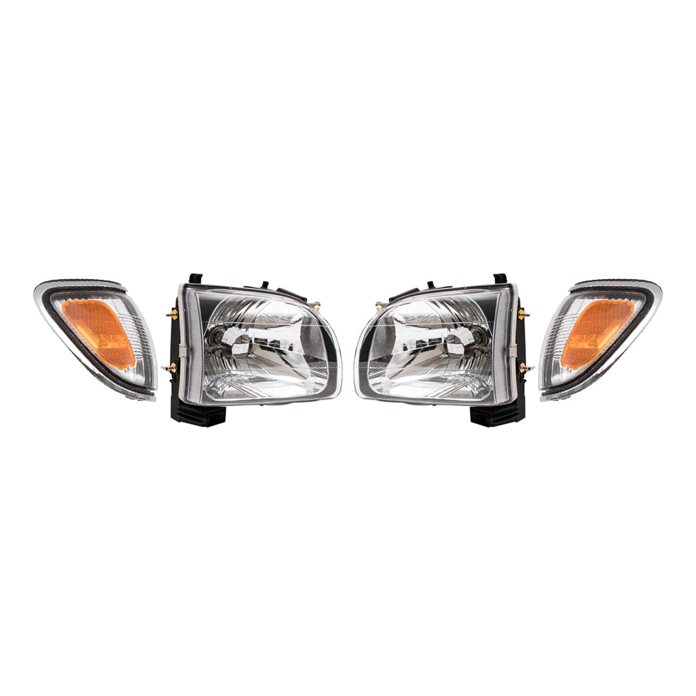 Brock Replacement 4 Piece Set Halogen Headlights w/ Park Signal Corner Marker Lamps w/ Chrome Bezels Compatible with 01-04 Tacoma Pickup Truck