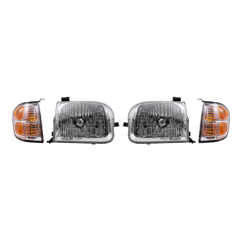 Brock Replacement Driver and Passenger Side Halogen Headlight Assemblies and Signal Light Assemblies 4 Piece Set Compatible with 2001-2004 Sequoia & 2004 Tundra Double Cab