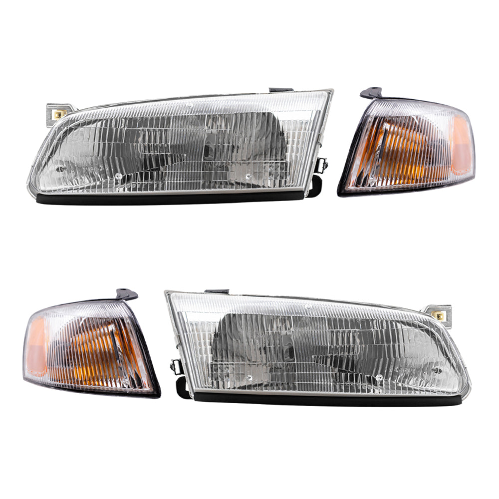Brock Replacement Driver and Passenger Side Halogen Headlight Assemblies and Park Signal Light Assemblies 4 Piece Set Compatible with 1997-1999 Camry