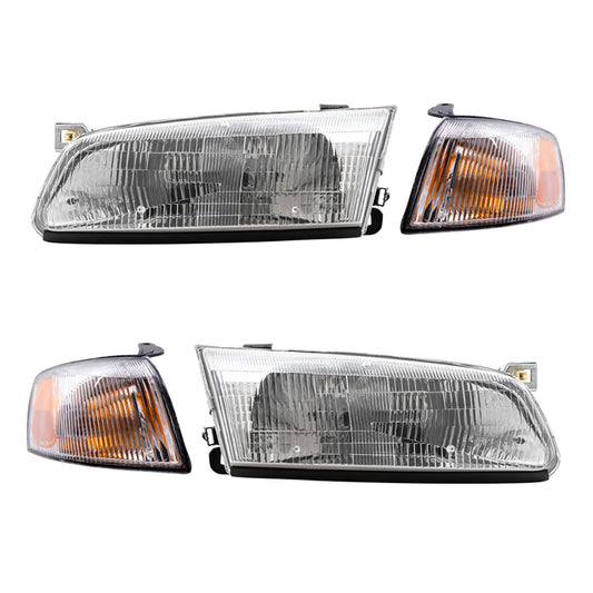 Brock Replacement Driver and Passenger Side Halogen Headlight Assemblies and Park Signal Light Assemblies 4 Piece Set Compatible with 1997-1999 Camry