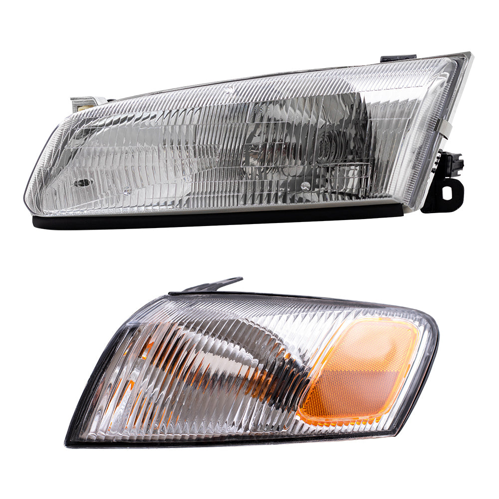 Brock Replacement Driver and Passenger Side Halogen Headlight Assemblies and Park Signal Light Assemblies 4 Piece Set Compatible with 1997-1999 Camry