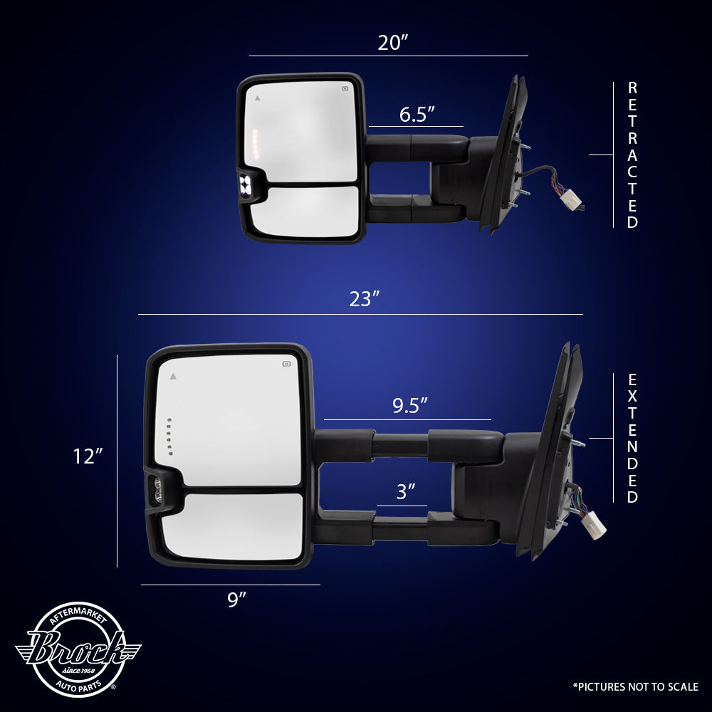 Brock Pair Set Performance Upgrade Towing Mirrors Power Chrome Heated Clearance Lamp Blind Spot Detection Amber External Signal & Signal in Glass for 07-18 Toyota Tundra Pickup Truck