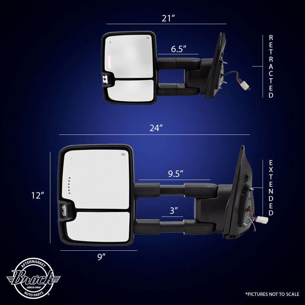 Brock Pair Set Performance Upgrade Towing Mirrors Power Chrome Heated Clearance Lamp Blind Spot Detection Smoke External Signal & Signal in Glass for 07-18 Toyota Tundra Pickup Truck