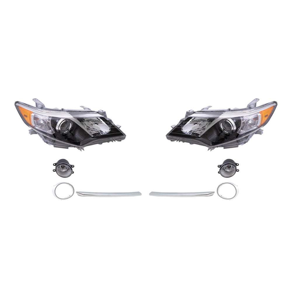 Brock Replacement Driver and Passenger Side Halogen Combination Headlights, Fog Lights, Chrome Fog Light Brackets and Fog Light Bezel Moldings 8 Piece Set Compatible with 2012-2014 Camry SE/SE Sport