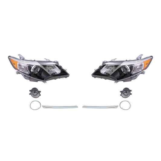 Brock Replacement Driver and Passenger Side Halogen Combination Headlights, Fog Lights, Chrome Fog Light Brackets and Fog Light Bezel Moldings 8 Piece Set Compatible with 2012-2014 Camry SE/SE Sport