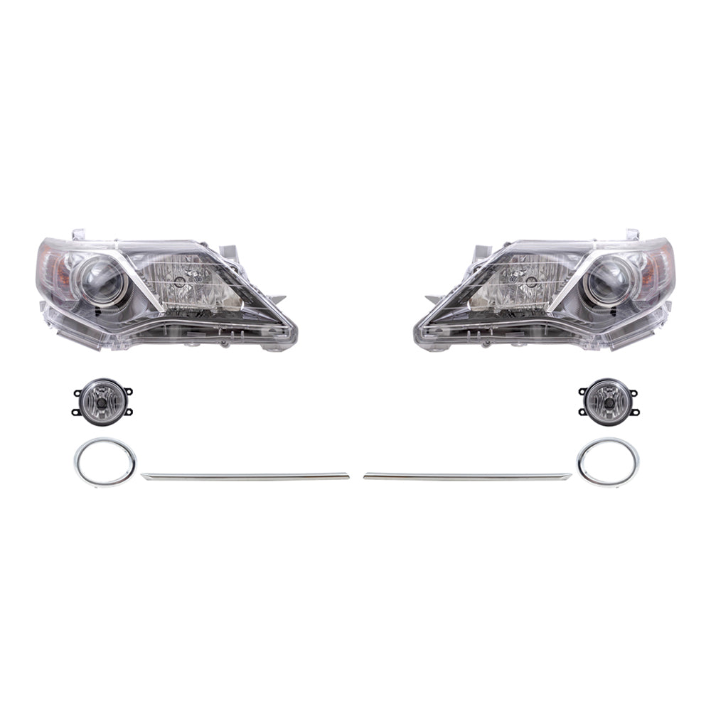 Brock Replacement Driver and Passenger Side Halogen Combination Headlights, Fog Lights, Chrome Fog Light Brackets and Fog Light Bezel Moldings 8 Piece Set Compatible with 2012-2014 Camry SE/SE Sport