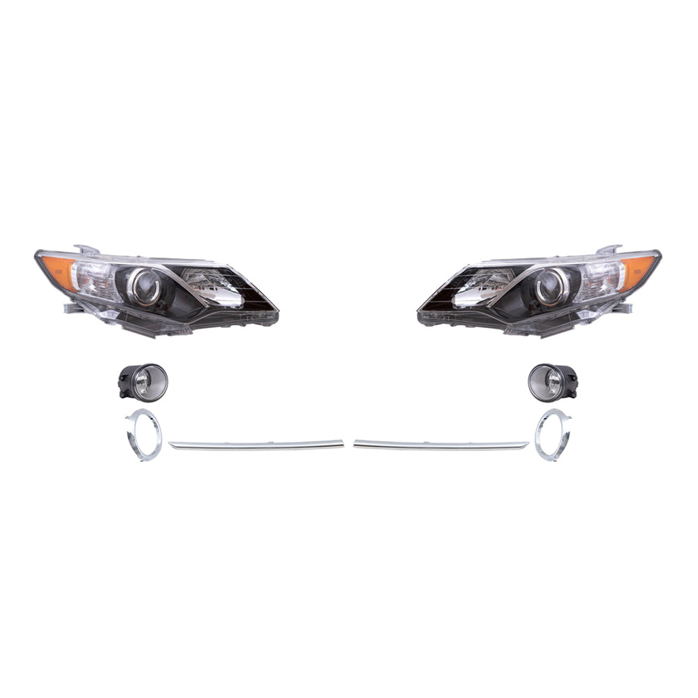 Brock Replacement Driver and Passenger Side Halogen Combination Headlights, Fog Lights, Chrome Fog Light Brackets and Fog Light Bezel Moldings 8 Piece Set Compatible with 2012-2014 Camry SE/SE Sport