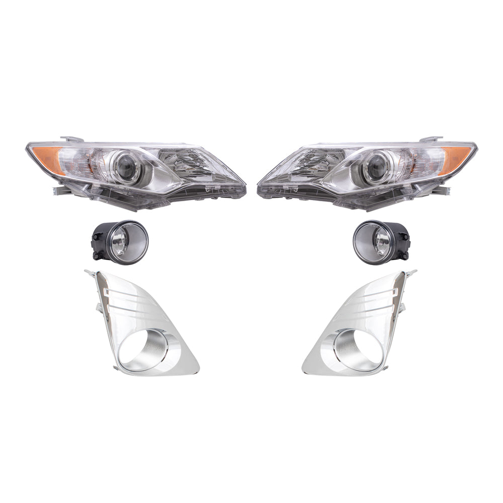 Brock Replacement Driver and Passenger Side Halogen Combination Headlights, Fog Lights and Fog Light Hole Covers 6 Piece Set Compatible with 2012-2014 Camry L/LE/XLE