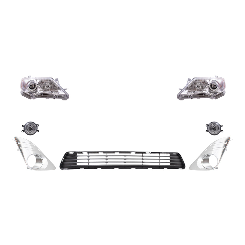 Brock Replacement Driver and Passenger Side Halogen Combination Headlights, Fog Lights, Fog Light Hole Covers and Bumper Grille 7 Piece Set Compatible with 2012-2014 Camry L/LE/XLE