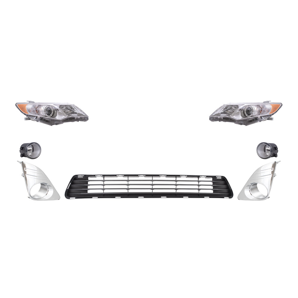 Brock Replacement Driver and Passenger Side Halogen Combination Headlights, Fog Lights, Fog Light Hole Covers and Bumper Grille 7 Piece Set Compatible with 2012-2014 Camry L/LE/XLE