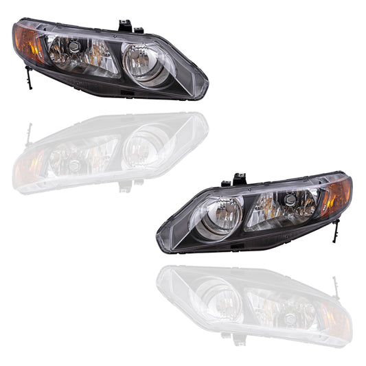 Brock Aftermarket Replacement Driver Left Passenger Right Halogen Combination Headlight Assembly Set Compatible With 2006-2008 Honda Civic Sedan