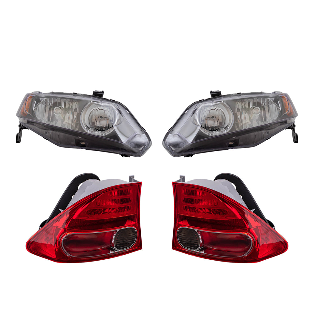 Brock Replacement Halogen Headlights with Tail Lights Compatible with 2006 2007 2008 Civic Sedan 1.8L 2.0L