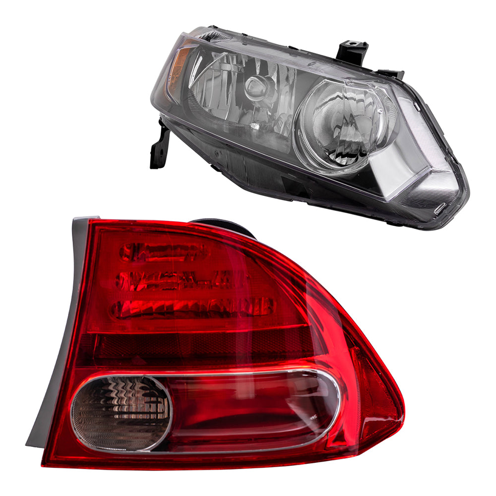 Brock Replacement Halogen Headlights with Tail Lights Compatible with 2006 2007 2008 Civic Sedan 1.8L 2.0L