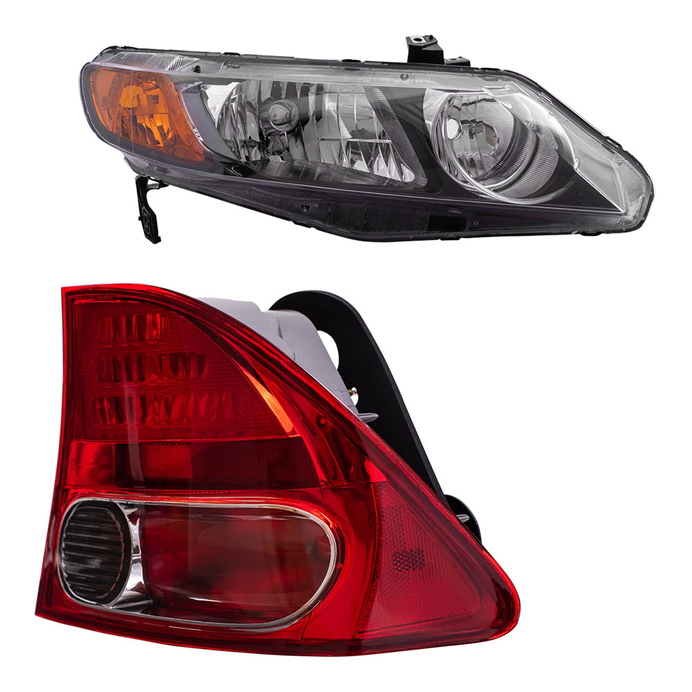 Brock Replacement Halogen Headlights with Tail Lights Compatible with 2006 2007 2008 Civic Sedan 1.8L 2.0L
