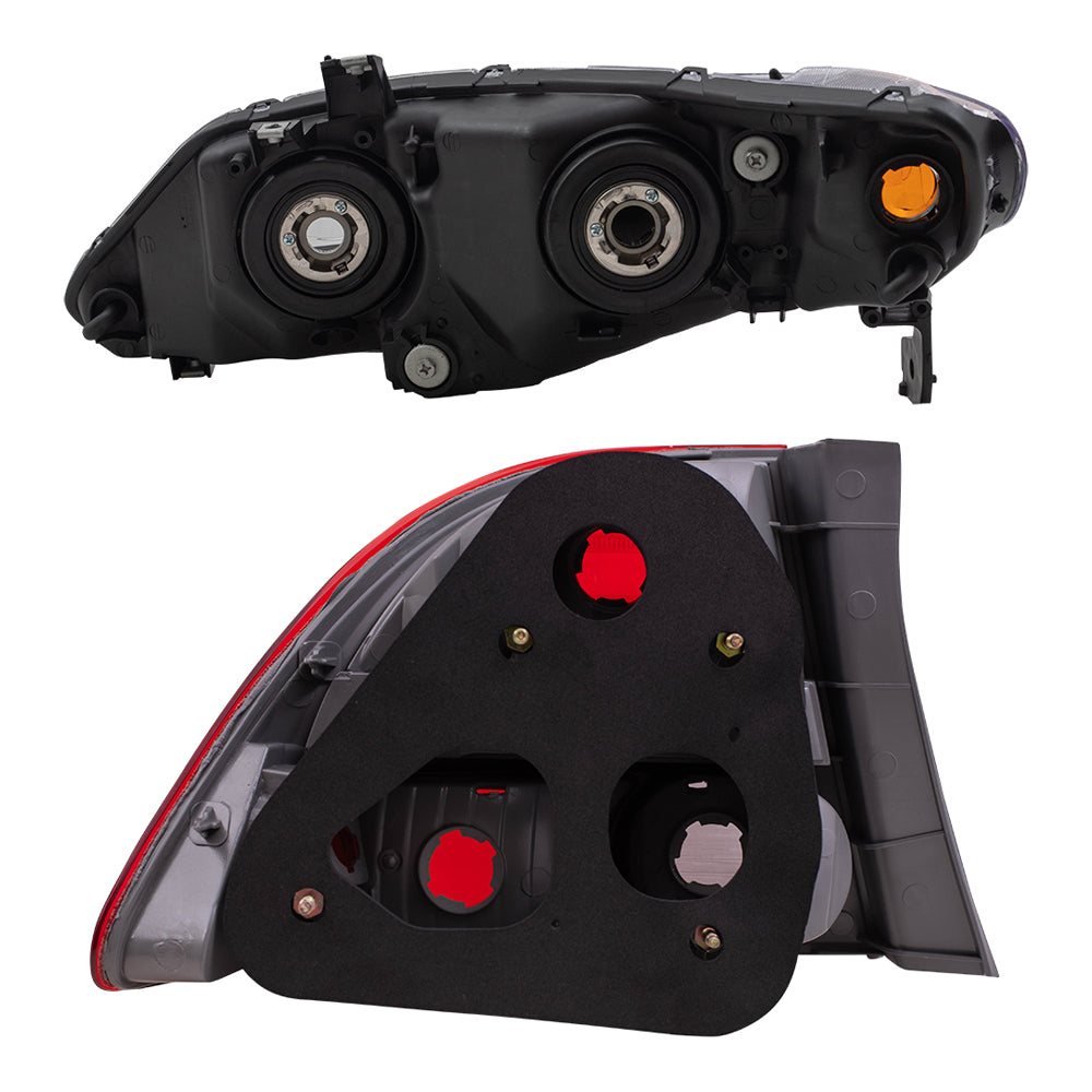 Brock Replacement Halogen Headlights with Tail Lights Compatible with 2006 2007 2008 Civic Sedan 1.8L 2.0L