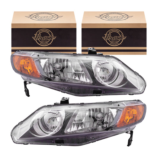 Brock Replacement Pair Set of Halogen Headlights Compatible with 2006-2008 Civic Sedan 33151SNAA02 33101SNAA02