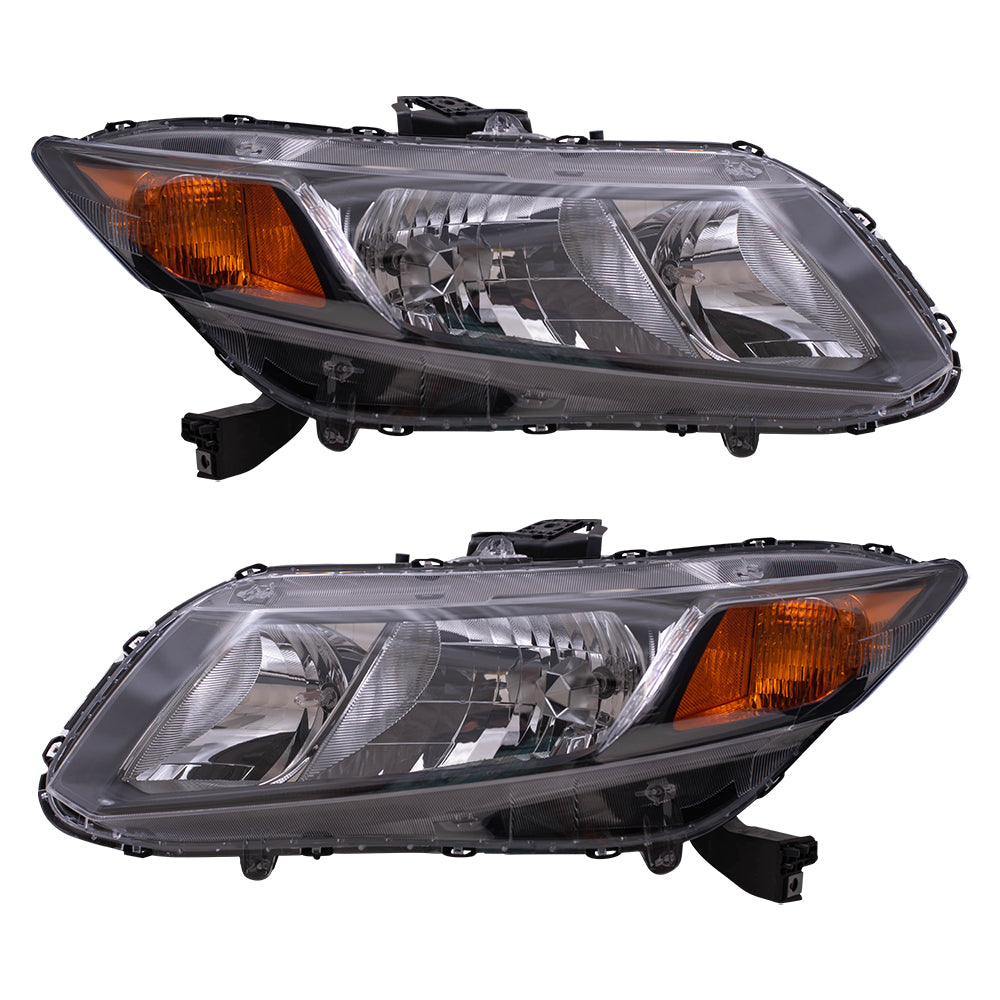 Brock Replacement Pair Set Halogen Combination Headlights Headlamps Compatible with 2012 Civic 33150-TR0-A01 33100-TR0-A01