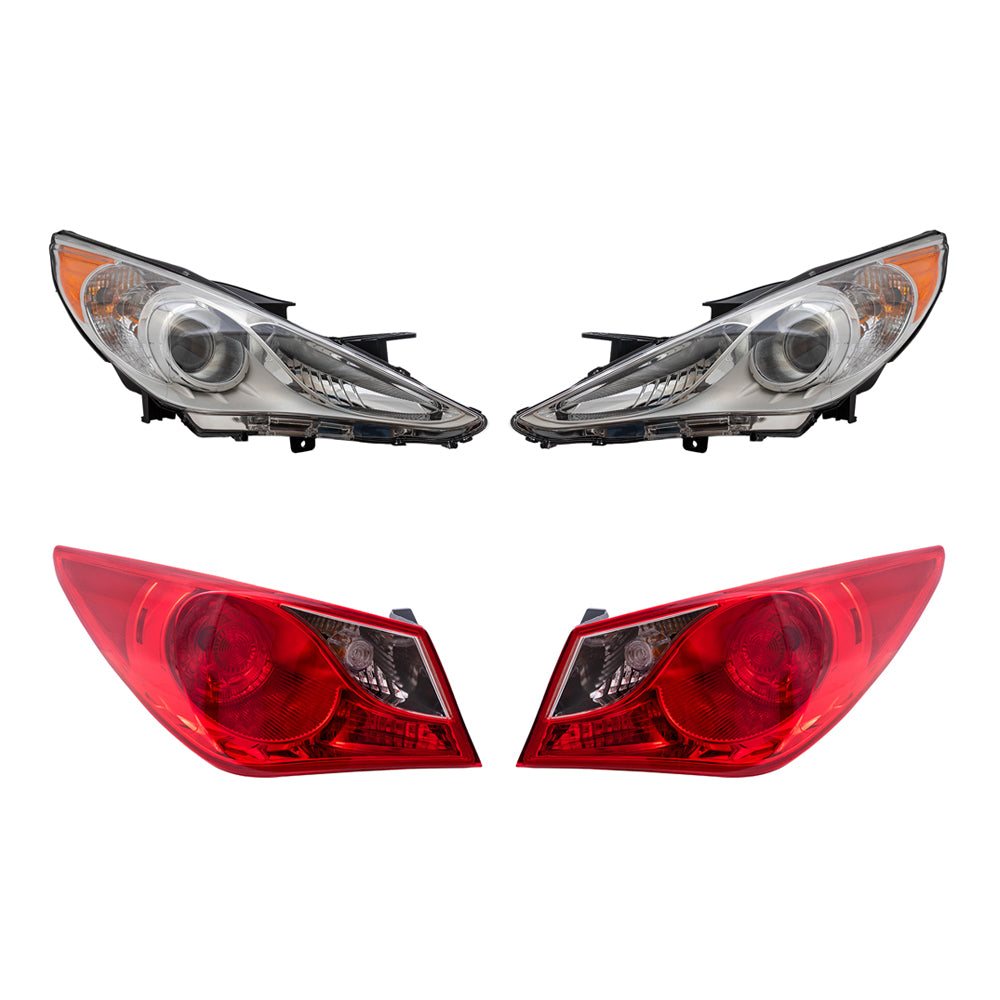 Brock Replacement Halogen Headlights with Tail Lights Compatible with 2011 2012 2013 2014 Sonata