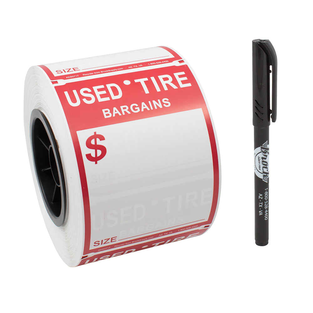 500 Pc Roll Set Used Tire Tag Sales Staple-On Tape Labels Red & White 4" x 5 1/2" 3/8" Wire Hole w/ Marker for Auto Tire Retail Shops