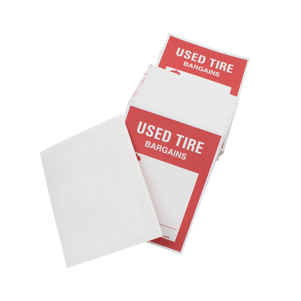 250 Piece Box Set Stick On Adhesive Used Tire Tag Sticker Labels Red & White 4" x 5 1/8"