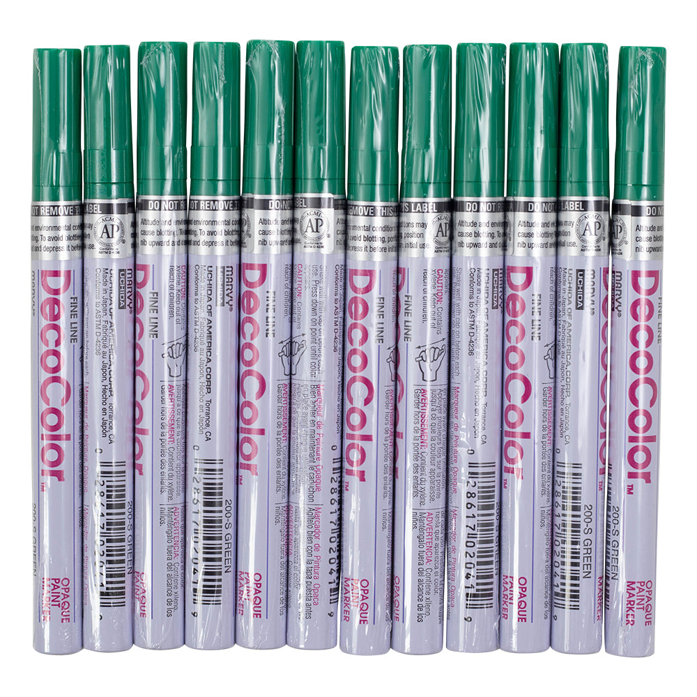 12 Pc Set Green Decocolor Fine Line Point Oil Based Glossy Opaque Paint Marker Pens on Metal Stone Glass Wood for Industrial Art Auto Trade
