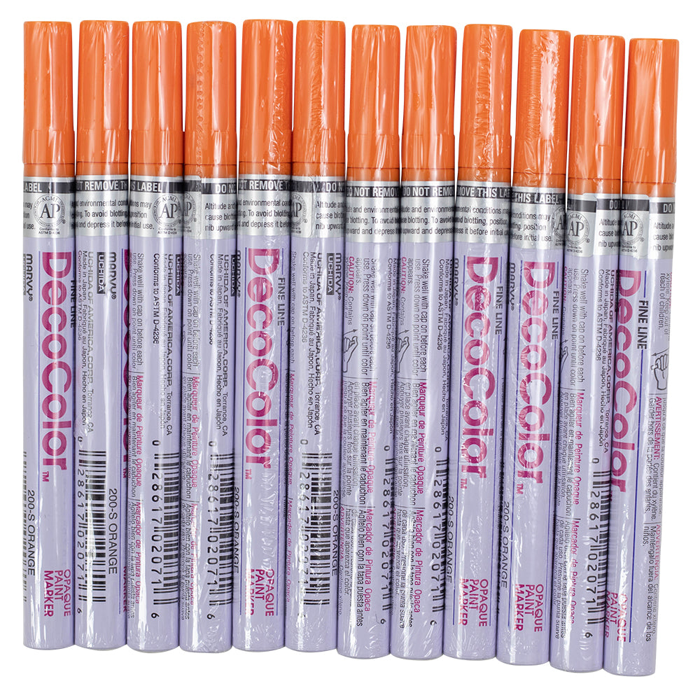 12 Pc Set Orange Decocolor Fine Line Point Opaque Paint Marker Pens Oil Based Glossy on Metal Wood Stone Glass for Industrial Auto Trade Art
